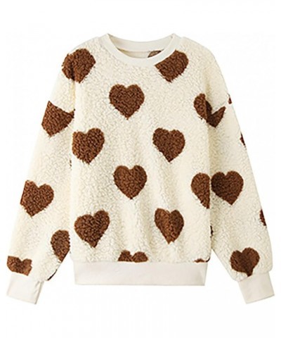 Cute Fuzzy Plush Long Sleeve Sweatshirt for Women Love Heart Print Fleece Faux Fur Crewneck Warm Sweater Pullover Top Coffee ...