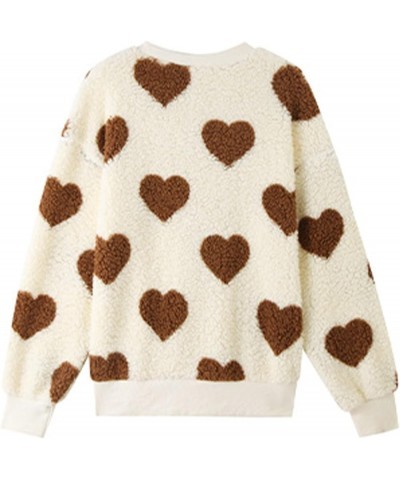 Cute Fuzzy Plush Long Sleeve Sweatshirt for Women Love Heart Print Fleece Faux Fur Crewneck Warm Sweater Pullover Top Coffee ...