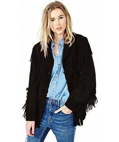 100% Handmade Western Suede Leather Jacket Cow-Lady Native American Women Fringe Coats Black $61.65 Coats