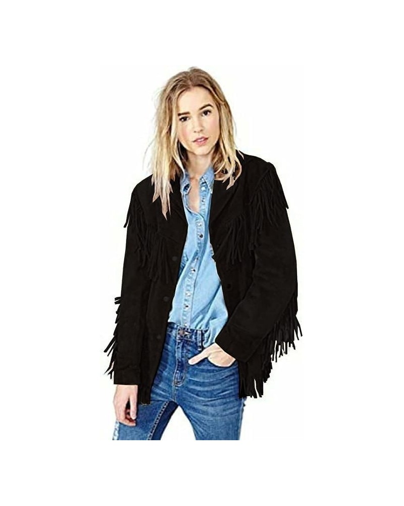 100% Handmade Western Suede Leather Jacket Cow-Lady Native American Women Fringe Coats Black $61.65 Coats