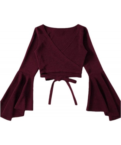 Women's Plus Size V Neck Flounce Sleeve Tie Front Wrap Blouse Top Burgundy $17.09 Blouses