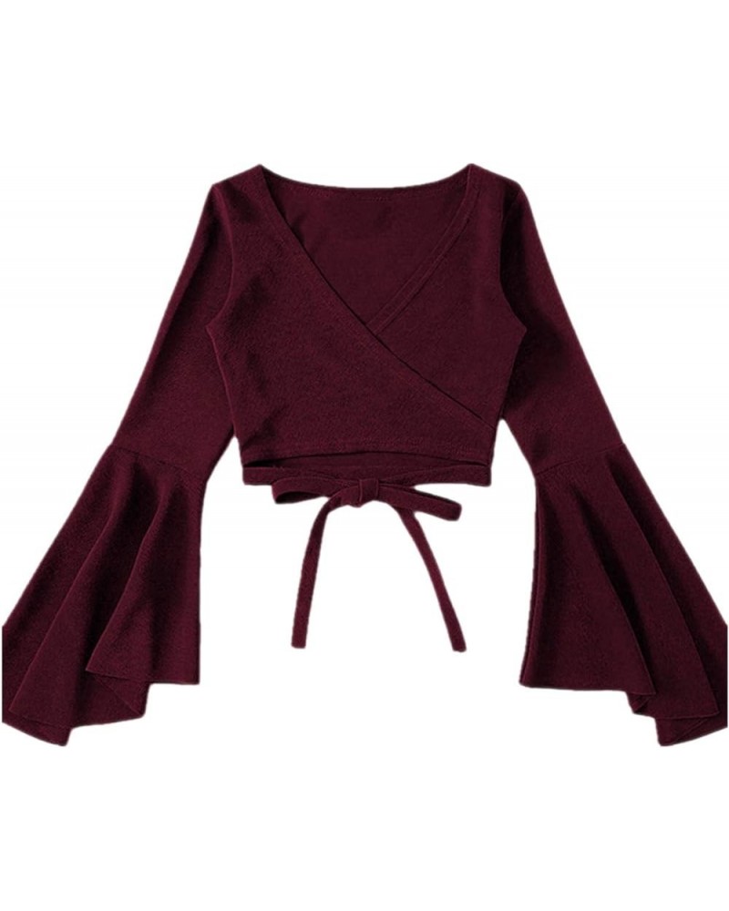 Women's Plus Size V Neck Flounce Sleeve Tie Front Wrap Blouse Top Burgundy $17.09 Blouses