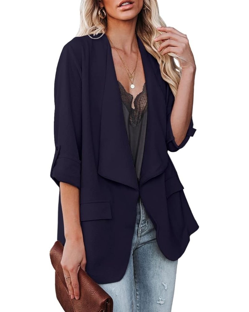 Womens Casual Blazer Jackets Roll Up Long Sleeve Open Front Work Office Business Blazers with Pockets Navy $30.23 Blazers