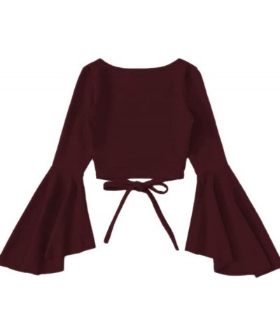 Women's Plus Size V Neck Flounce Sleeve Tie Front Wrap Blouse Top Burgundy $17.09 Blouses