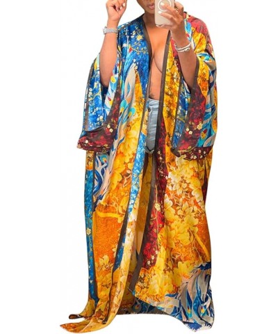 Women's Floral Print Satin Robe Open Front Kimono Cardigan Long Outerwear Bathing Robes One Size Gold $14.85 Swimsuits