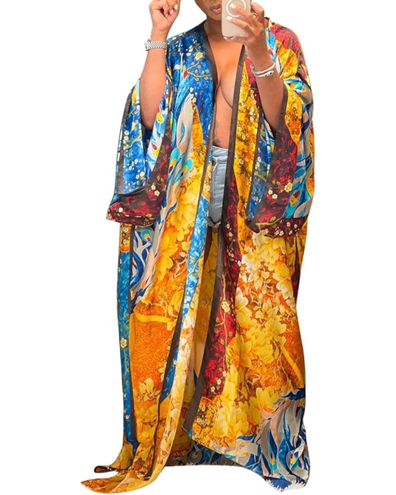 Women's Floral Print Satin Robe Open Front Kimono Cardigan Long Outerwear Bathing Robes One Size Gold $14.85 Swimsuits