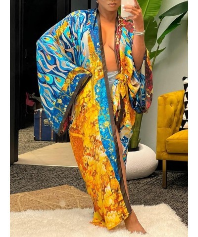 Women's Floral Print Satin Robe Open Front Kimono Cardigan Long Outerwear Bathing Robes One Size Gold $14.85 Swimsuits