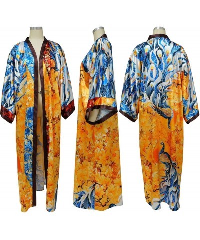 Women's Floral Print Satin Robe Open Front Kimono Cardigan Long Outerwear Bathing Robes One Size Gold $14.85 Swimsuits