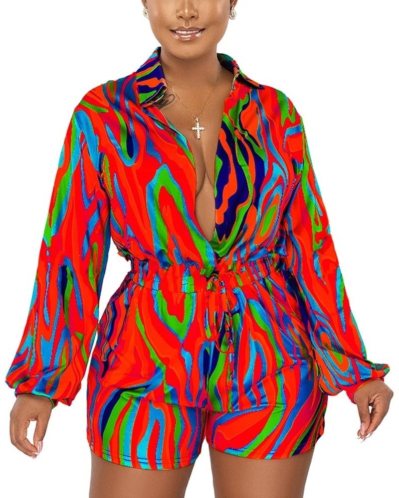 Womens Sexy Deep V Neck Shorts Jumpsuit Long Sleeve Printed Elastic High Waist One Piece Outfit Club Romper Red $20.24 Rompers