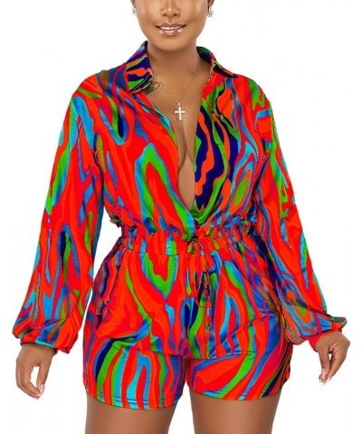 Womens Sexy Deep V Neck Shorts Jumpsuit Long Sleeve Printed Elastic High Waist One Piece Outfit Club Romper Red $20.24 Rompers