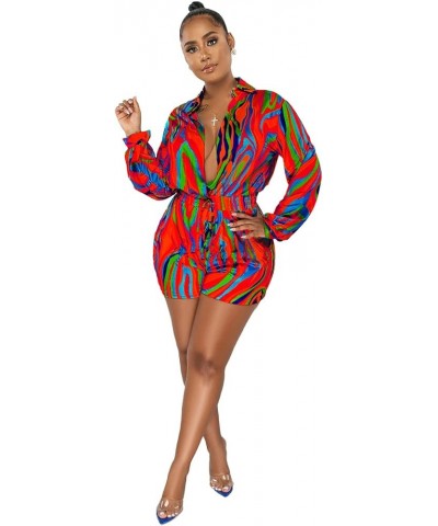 Womens Sexy Deep V Neck Shorts Jumpsuit Long Sleeve Printed Elastic High Waist One Piece Outfit Club Romper Red $20.24 Rompers