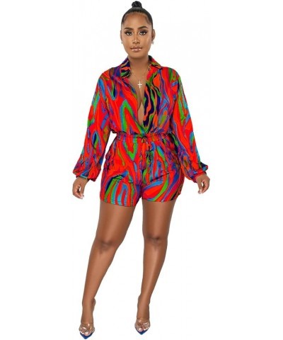 Womens Sexy Deep V Neck Shorts Jumpsuit Long Sleeve Printed Elastic High Waist One Piece Outfit Club Romper Red $20.24 Rompers