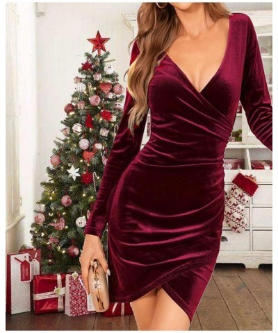 Womens Wrap V Neck Long Sleeve Velvet Fitted Bodycon Ruched Cocktail Party Dress Wine-red $31.34 Dresses