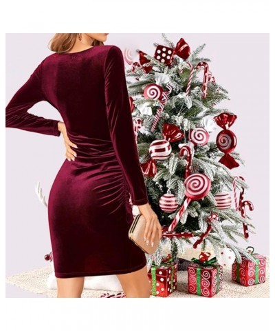 Womens Wrap V Neck Long Sleeve Velvet Fitted Bodycon Ruched Cocktail Party Dress Wine-red $31.34 Dresses