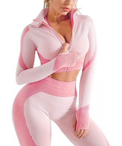 Women's 2 Piece Tracksuit Workout Set - High Waist Leggings and Crop Top Jacket and Leggings: Deep Pink $20.00 Activewear