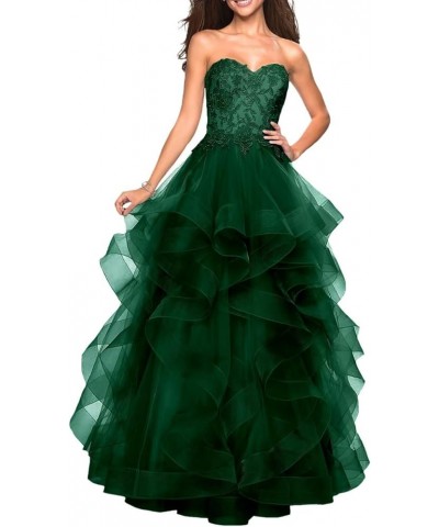 Long Sweetheart Prom Dresses A-Line Strapless Ball Gown Layered Tulle Evening Dress Floor Length Lace Party Dresses Emerald G...