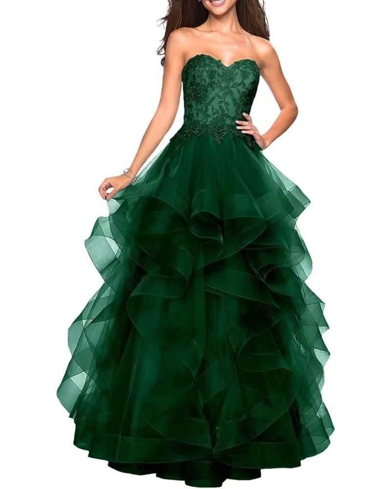 Long Sweetheart Prom Dresses A-Line Strapless Ball Gown Layered Tulle Evening Dress Floor Length Lace Party Dresses Emerald G...