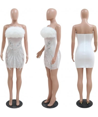 Women Elegant Sequin Feather Bodycon Dress Mesh Sheer Bodycon Mini Cocktail Tube Dress Club Night White a $10.12 Dresses