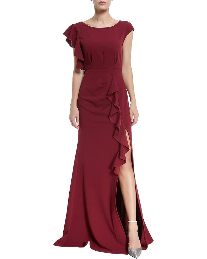 Long Formal Dresses for Women Wedding Guest Ruffle Sleeve Ruched Bodycon Fishtail Evening Gown Prom Dress Ball Gowns Burgundy...