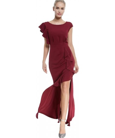 Long Formal Dresses for Women Wedding Guest Ruffle Sleeve Ruched Bodycon Fishtail Evening Gown Prom Dress Ball Gowns Burgundy...