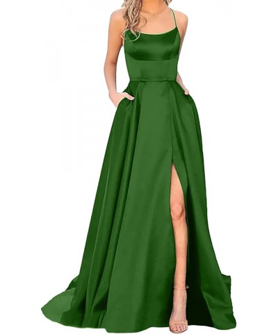 Women's Satin Prom Dresses Spaghetti Straps Backless Long Dress with High Slit Mermaid Formal Party Gown with Pocket Z1-green...