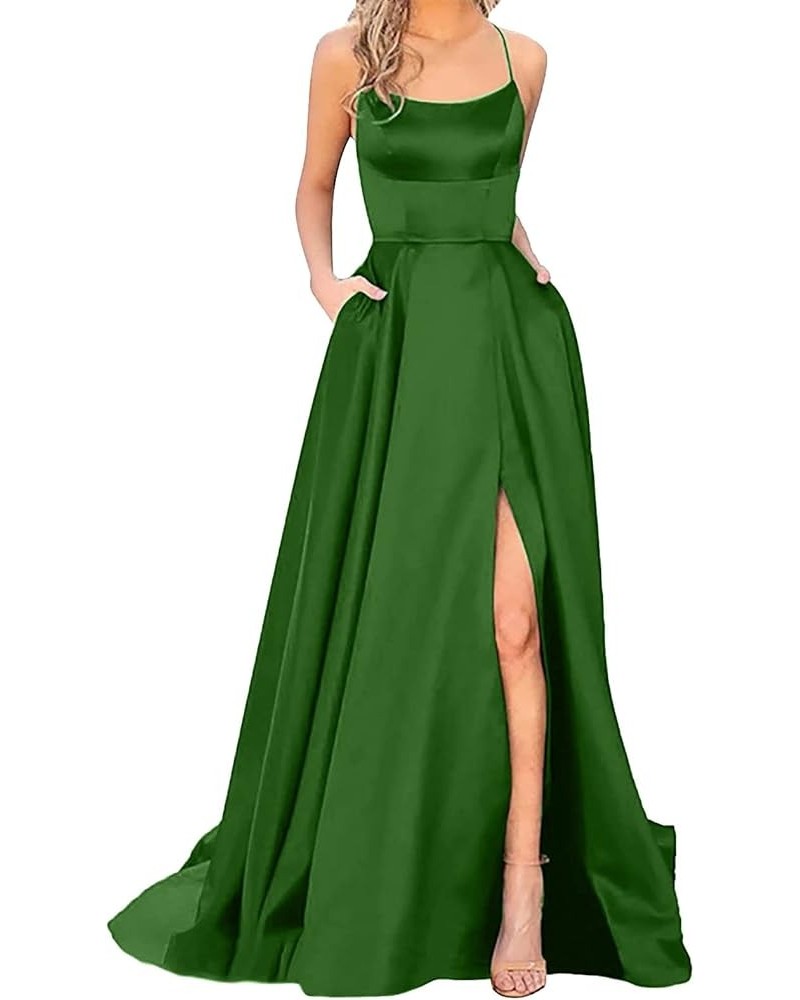 Women's Satin Prom Dresses Spaghetti Straps Backless Long Dress with High Slit Mermaid Formal Party Gown with Pocket Z1-green...