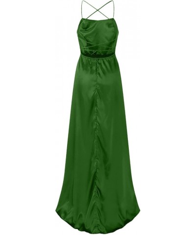 Women's Satin Prom Dresses Spaghetti Straps Backless Long Dress with High Slit Mermaid Formal Party Gown with Pocket Z1-green...