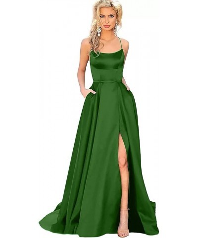 Women's Satin Prom Dresses Spaghetti Straps Backless Long Dress with High Slit Mermaid Formal Party Gown with Pocket Z1-green...