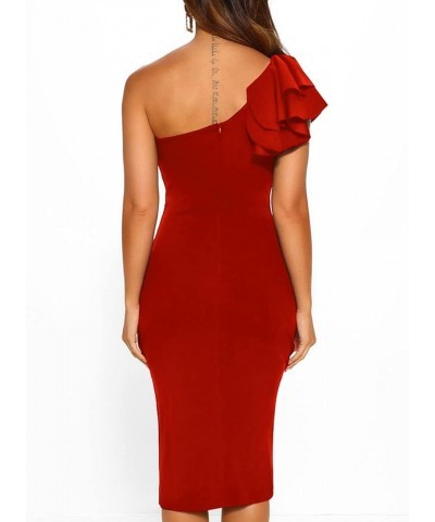 Women One Shoulder Side Slit Ruffled Bodycon Cocktail Party Sexy Mini Dress A Burgundy $10.44 Dresses