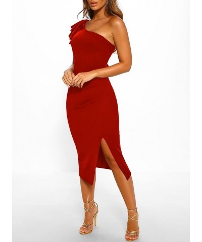 Women One Shoulder Side Slit Ruffled Bodycon Cocktail Party Sexy Mini Dress A Burgundy $10.44 Dresses