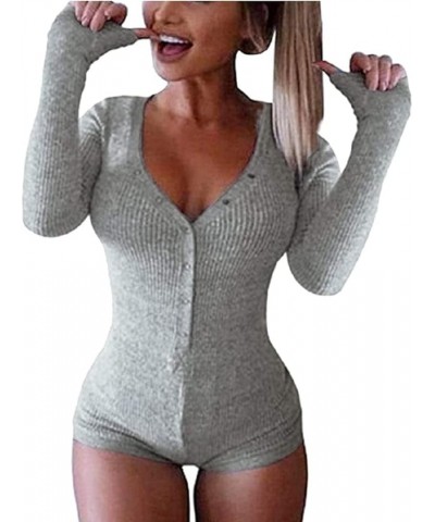 V-Neck One Piece Bodysuit Long Sleeve Bodycon Rompers Overall Gray $10.06 Jumpsuits