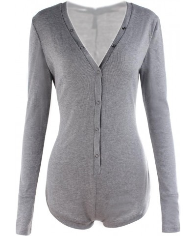 V-Neck One Piece Bodysuit Long Sleeve Bodycon Rompers Overall Gray $10.06 Jumpsuits