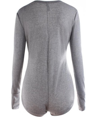 V-Neck One Piece Bodysuit Long Sleeve Bodycon Rompers Overall Gray $10.06 Jumpsuits