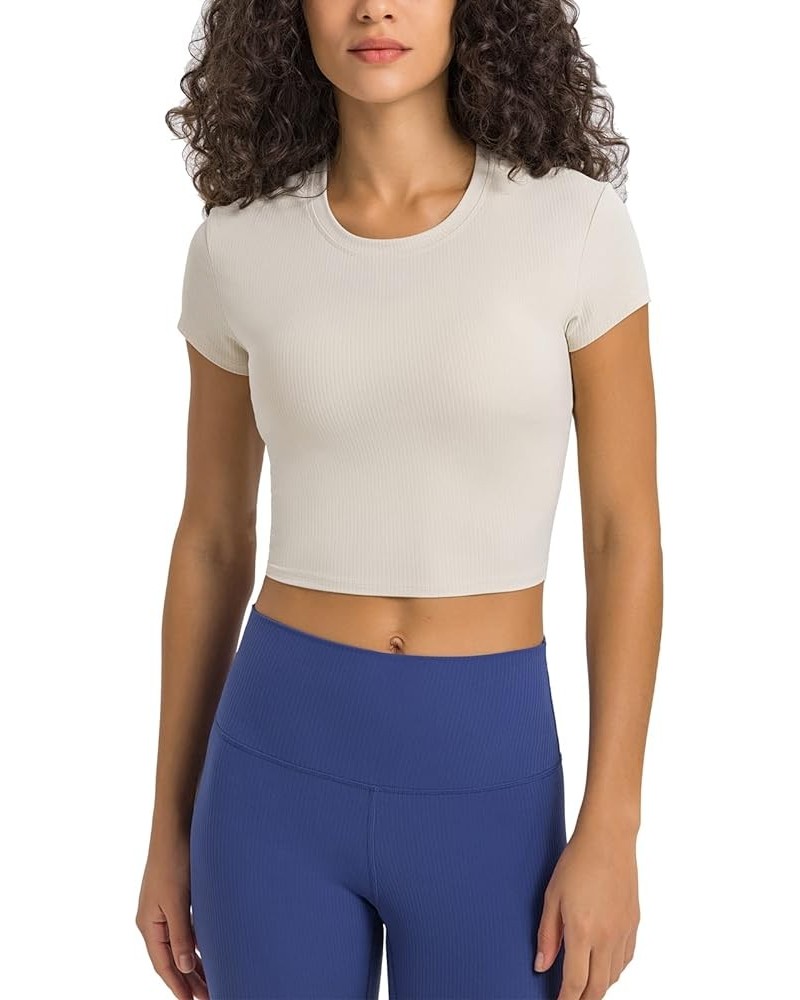 Ribbed Workout Tops for Women, High Neck Cropped Yoga Gym T-Shirts, Buttery Soft Athletic Short Sleeve Tees Light Ivory $10.7...