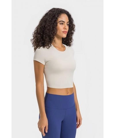 Ribbed Workout Tops for Women, High Neck Cropped Yoga Gym T-Shirts, Buttery Soft Athletic Short Sleeve Tees Light Ivory $10.7...