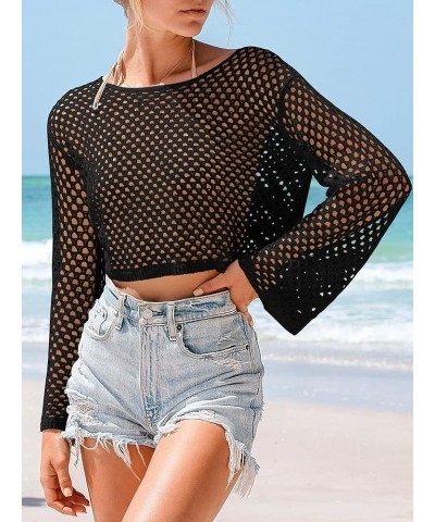 Womens Crochet Crop Top Swimsuit Cover Up Bell Long Sleeve Bathing Suit Coverups Black $12.60 Swimsuits