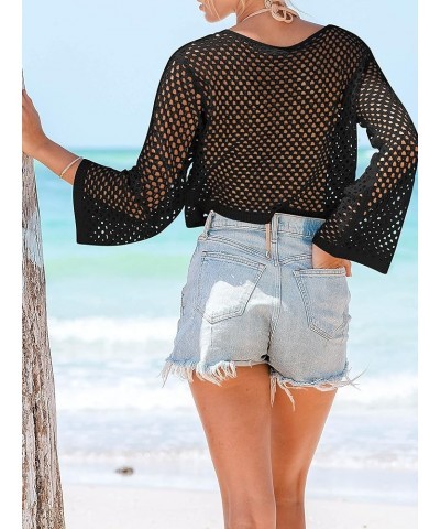 Womens Crochet Crop Top Swimsuit Cover Up Bell Long Sleeve Bathing Suit Coverups Black $12.60 Swimsuits