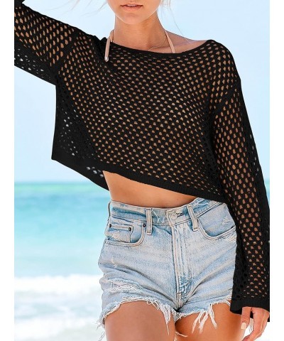 Womens Crochet Crop Top Swimsuit Cover Up Bell Long Sleeve Bathing Suit Coverups Black $12.60 Swimsuits