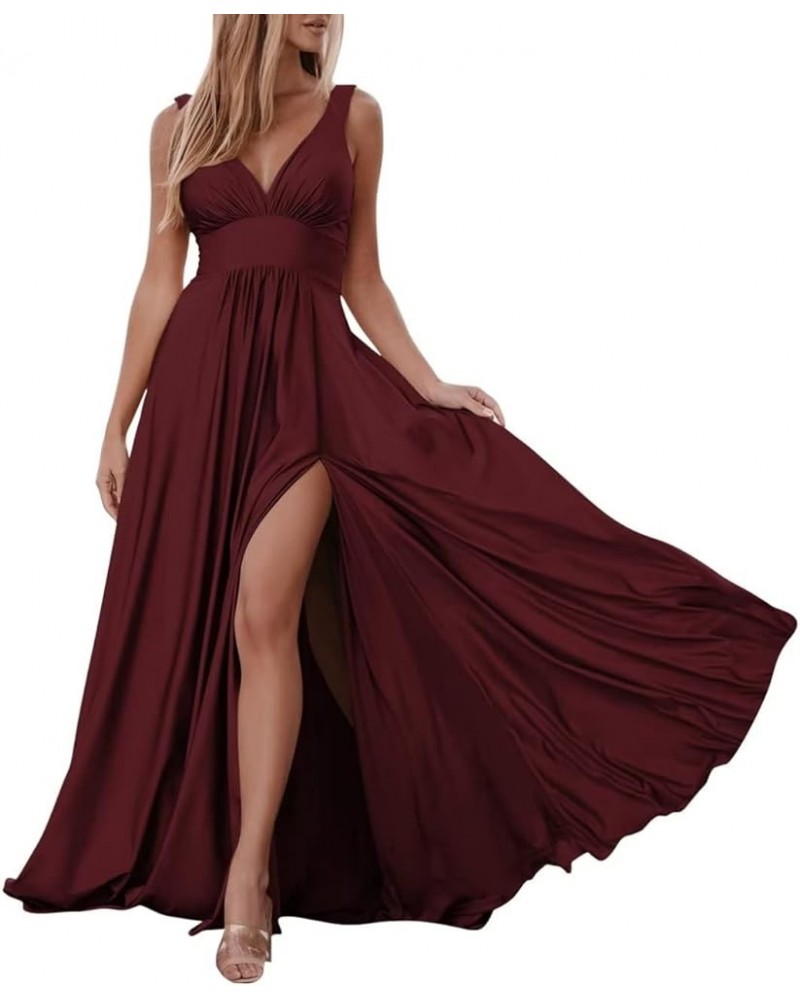 Satin Bridesmaid Dresses V-Neck with High Slit Sexy Prom Dresses Long for Wedding Party Burgundy $34.56 Dresses