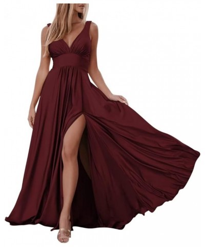 Satin Bridesmaid Dresses V-Neck with High Slit Sexy Prom Dresses Long for Wedding Party Burgundy $34.56 Dresses