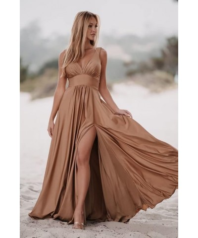 Satin Bridesmaid Dresses V-Neck with High Slit Sexy Prom Dresses Long for Wedding Party Burgundy $34.56 Dresses