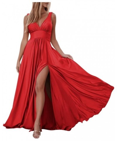 Satin Bridesmaid Dresses V-Neck with High Slit Sexy Prom Dresses Long for Wedding Party Burgundy $34.56 Dresses