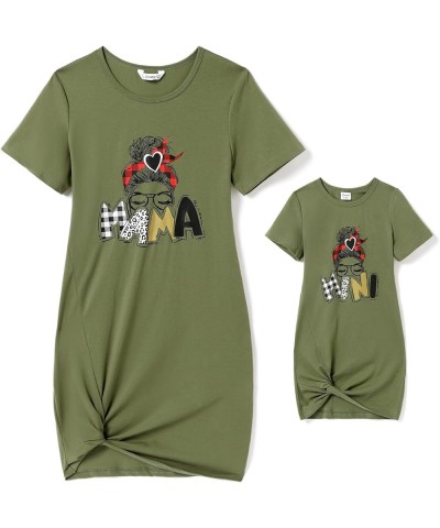 Mommy and Me Matching Dresses Cartoon Print Short Sleeve Crewneck T-Shirt Dress Girl Army Green $9.68 Dresses