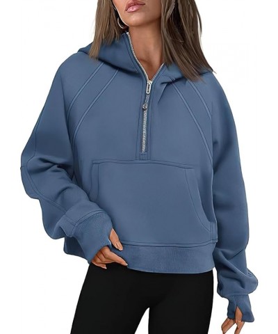 Women's Half-Zipper Hoodies Quarter Zip Up Fleece Sweatshirt Cropped Long Sleeve Pullover Tops Sea Blue $19.78 Hoodies & Swea...