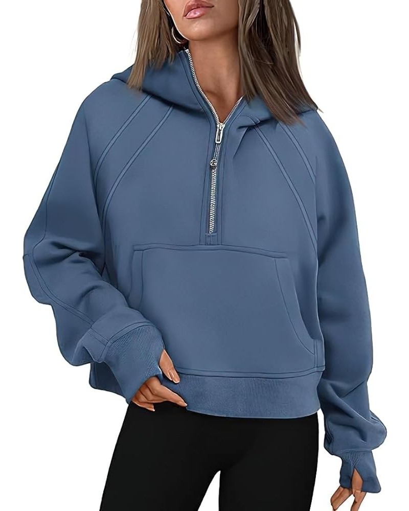 Women's Half-Zipper Hoodies Quarter Zip Up Fleece Sweatshirt Cropped Long Sleeve Pullover Tops Sea Blue $19.78 Hoodies & Swea...