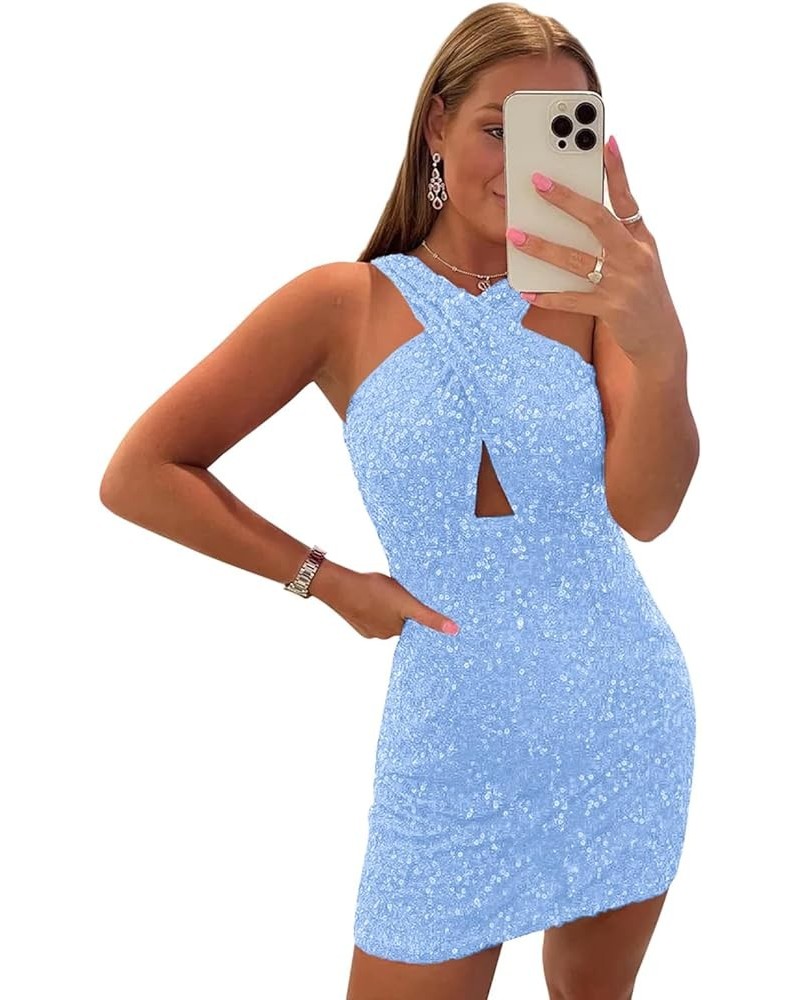 Women's Juniors Sequin Homecoming Dresses for Teens 2023 Sparkly Short Prom Dress Cocktail Gowns Light Blue $30.00 Dresses