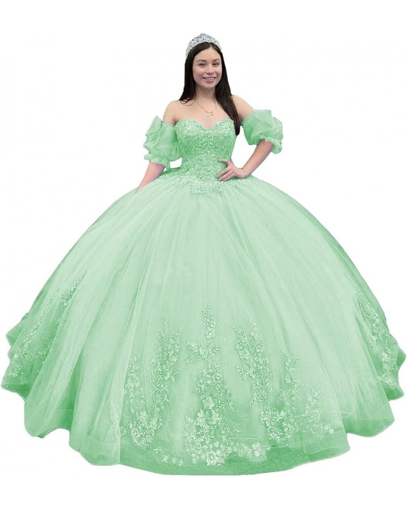 Sparkly Tulle Quinceanera Dresses Ball Gown Puffy Sleeves Lace Sweet 16 Dresses Beaded Floral Prom Dress Y101 Mint $57.38 Dre...