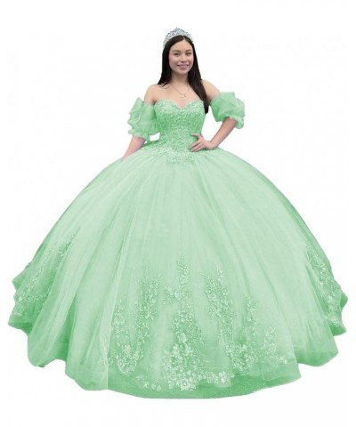 Sparkly Tulle Quinceanera Dresses Ball Gown Puffy Sleeves Lace Sweet 16 Dresses Beaded Floral Prom Dress Y101 Mint $57.38 Dre...