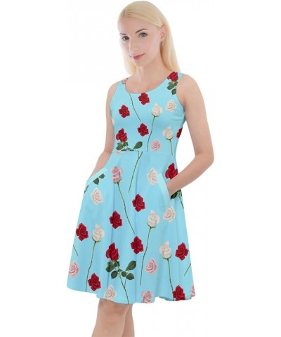 Womens V-Neck Summer Dress Vintage Roses Floral Flowers Pattern Knee Length Skater Dress with Pockets, XS-5XL Aqua $16.82 Others