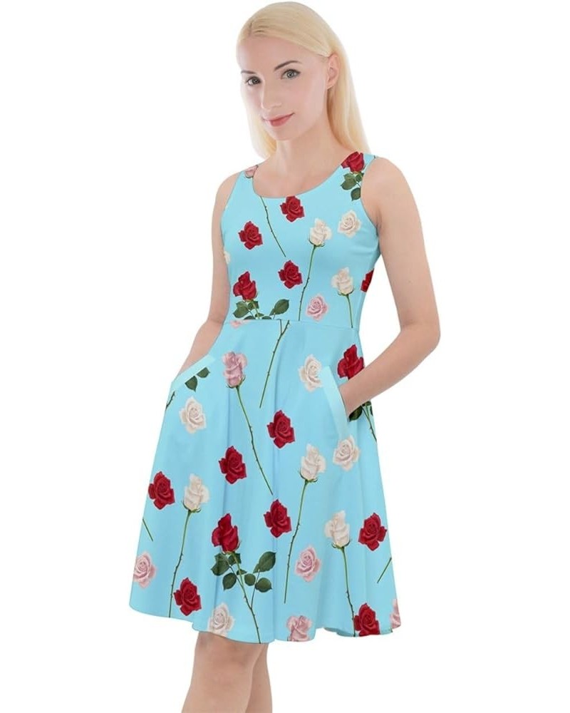 Womens V-Neck Summer Dress Vintage Roses Floral Flowers Pattern Knee Length Skater Dress with Pockets, XS-5XL Aqua $16.82 Others